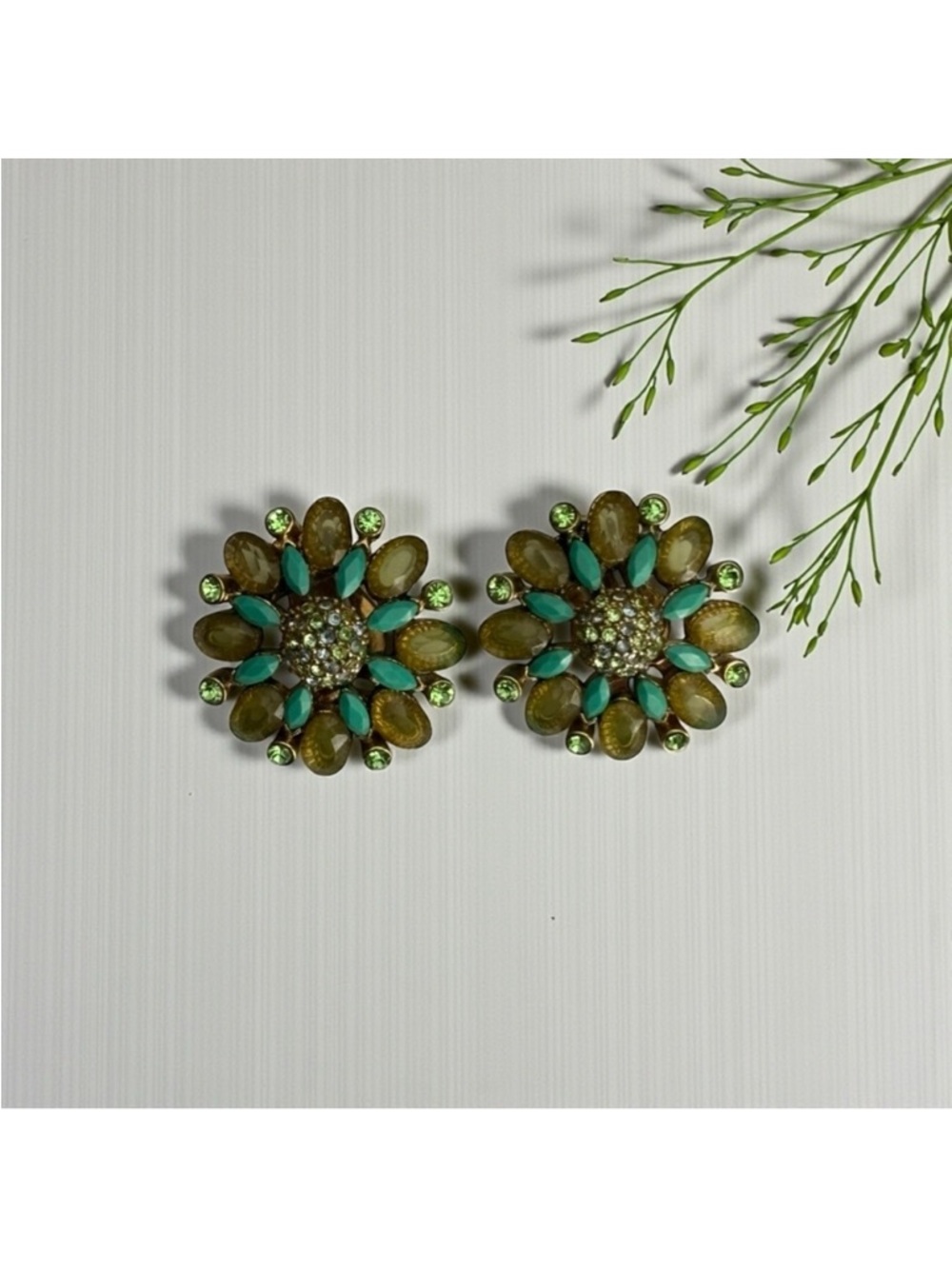 Clip On Floral Rhinestone Earrings Carolee Green Teal Cluster